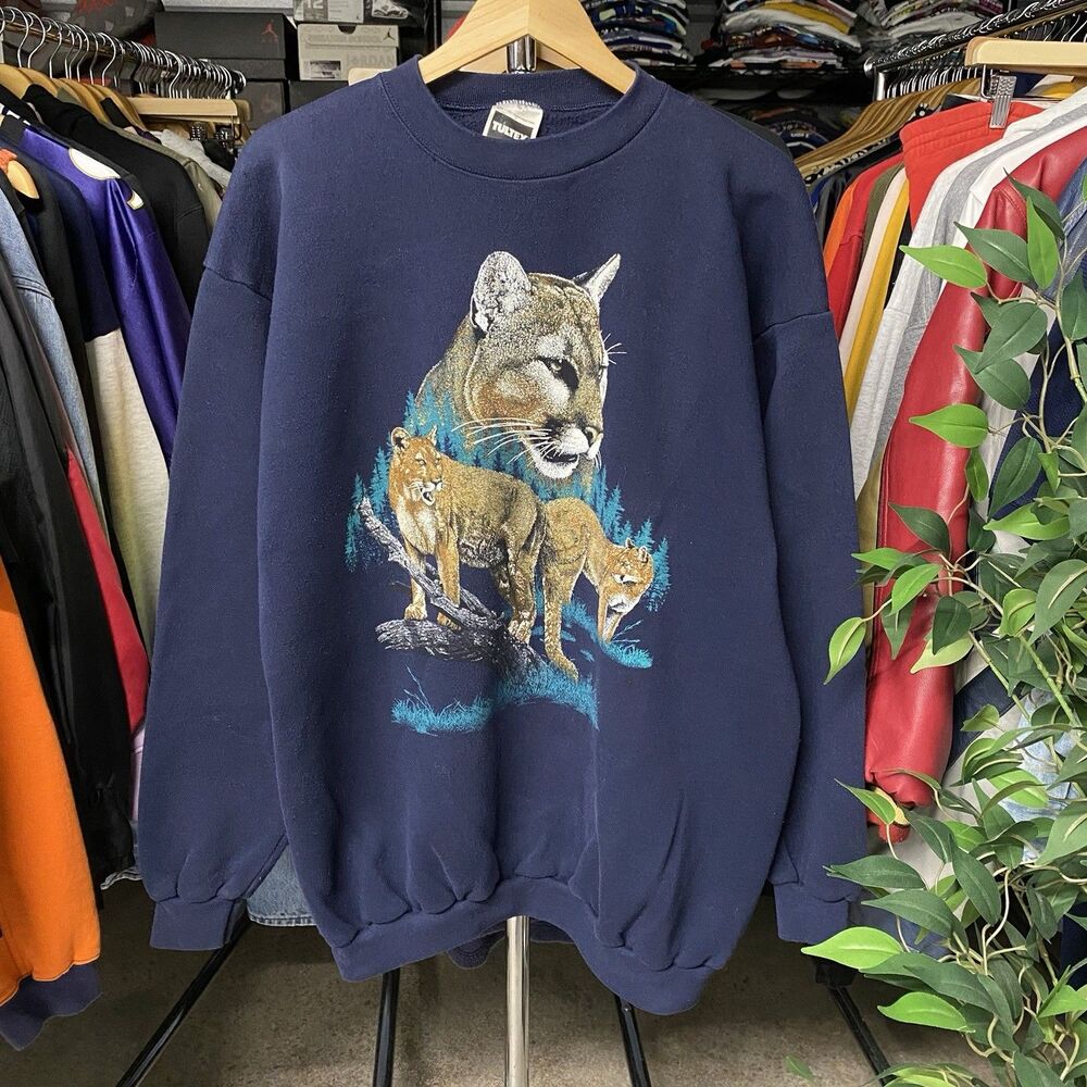 Vintage 90s Florida Panther Animal Nature Crewneck Sweatshirt Navy Men's 2XL